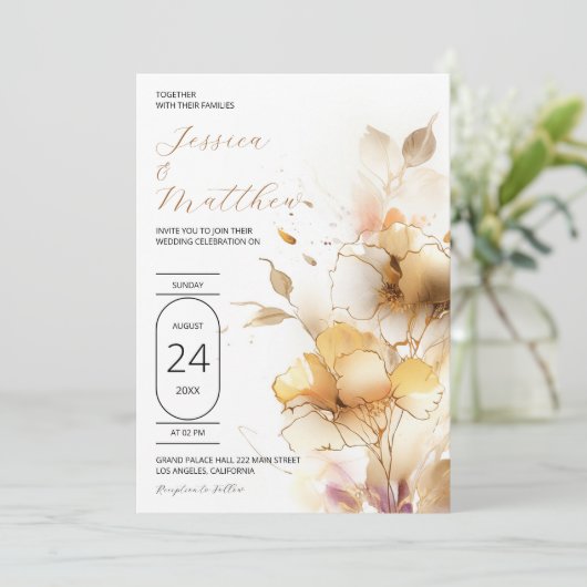 ホワイトとゴールドの花のウェディング 招待状 (スタンド正面)