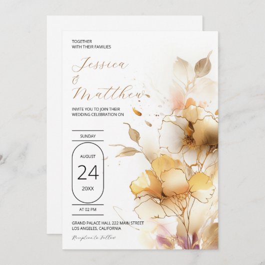 ホワイトとゴールドの花のウェディング 招待状 (正面/裏面)