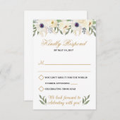 ホワイトとゴールドの花柄 ウェディング出欠確認カード 招待状 (正面/裏面)