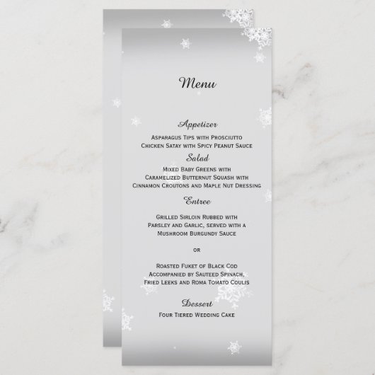 ホワイトとシルバーのスノーフレーク結婚のメニュー メニュー (正面/裏面)