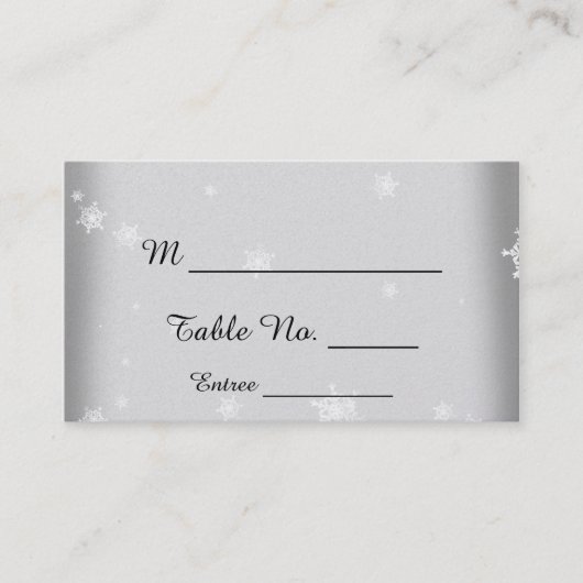 ホワイトとシルバーのスノーフレーク結婚の座席表 プレイスカード (正面)