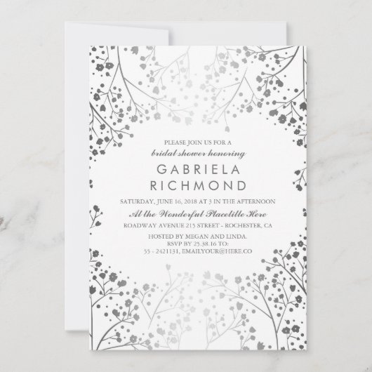 ホワイトとシルバーのベイビーズブレス ブライズシャワー 招待状 (正面)