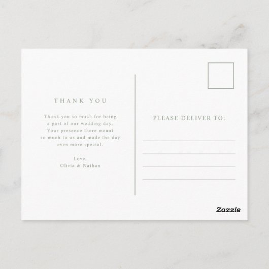 ホワイトとセージ文字と写真 | 結婚感謝 ポストカード (裏面)