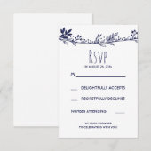 ホワイトとネイビーの花柄 ウェディング出欠確認カード 出欠カード (正面/裏面)