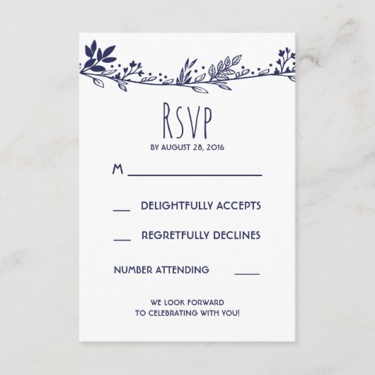 ホワイトとネイビーの花柄 ウェディング出欠確認カード 出欠カード (正面)