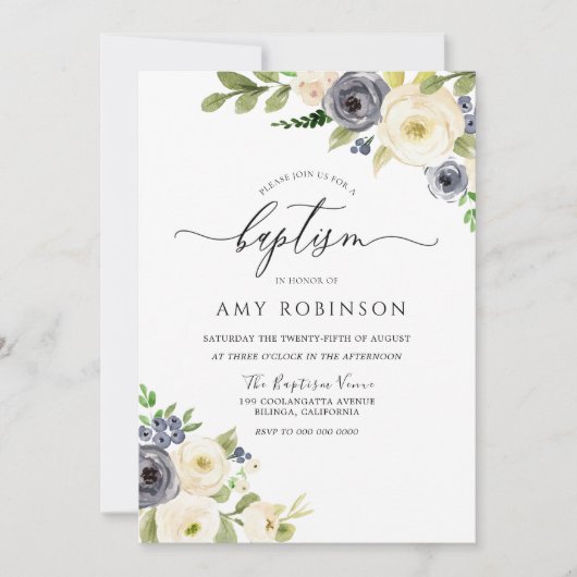 ホワイトとネイビーエレガントの水彩洗礼 招待状 (正面)