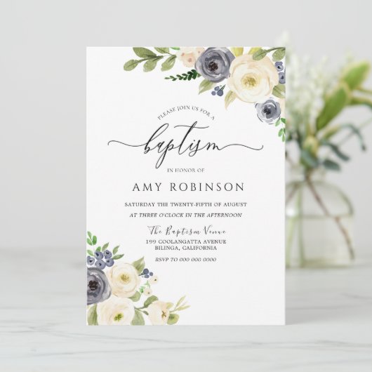 ホワイトとネイビーエレガントの水彩洗礼 招待状 (スタンド正面)