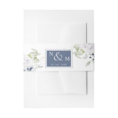ホワイトとネイビーフローラ、モノグラム結婚ズ 招待状ベリーバンド (正面例)