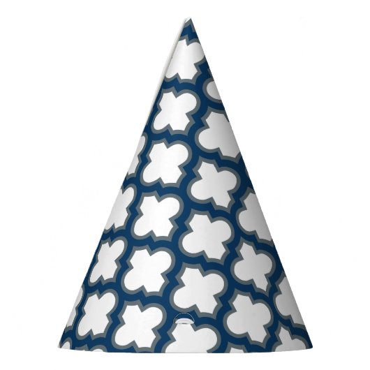 ホワイトとネイビーブルートレリス、ラティス、クローバー パーティーハット (左)