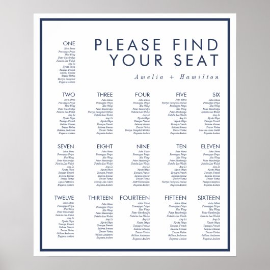 ホワイトとネイビーモダンミニマル結婚ズの座席 ポスター (正面)