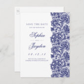 ホワイトとネイビー |レースエレガント日付の保存 案内ポストカード (正面/裏面)