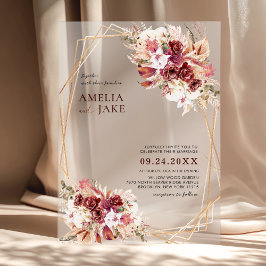 ホワイトとバーガンディの花柄とゴールドの幾何学模様の結婚式 アクリル招待状
