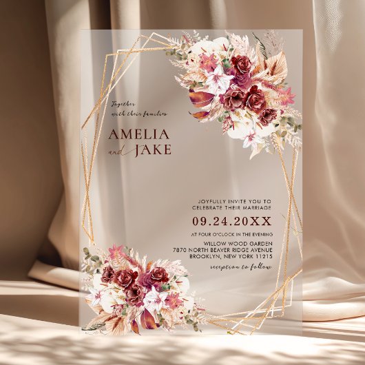 ホワイトとバーガンディの花柄とゴールドの幾何学模様の結婚式 アクリル招待状