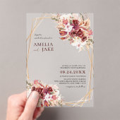 ホワイトとバーガンディの花柄とゴールドの幾何学模様の結婚式 アクリル招待状 (インサイチュ (ポータブル))