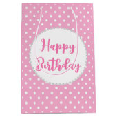 ホワイトとピンクの水玉模様とダイヤモンド誕生日 ミディアムペーパーバッグ (正面)