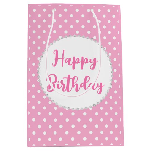 ホワイトとピンクの水玉模様とダイヤモンド誕生日 ミディアムペーパーバッグ (正面)