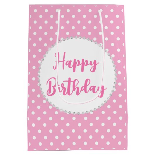 ホワイトとピンクの水玉模様とダイヤモンド誕生日 ミディアムペーパーバッグ (裏面)