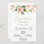 ホワイトとピンクローズ結婚式招待状スペインのin 招待状 (正面/裏面)