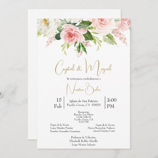 ホワイトとピンクローズ結婚式招待状スペインのin 招待状 (正面/裏面)