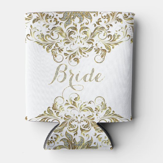 ホワイトとフェイクグリッター&金ゴールドフローラレース 缶クーラー (正面)