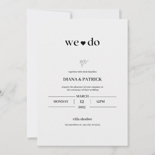 ホワイトとブラックシンプル結婚式招待状 招待状 (正面)