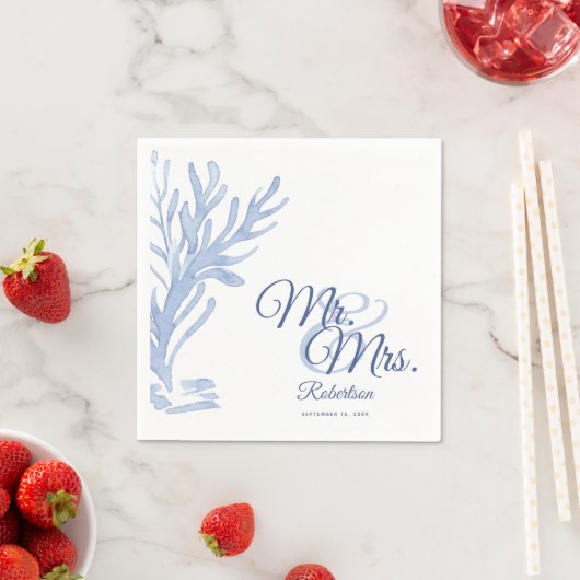 ホワイトとブルーのミセスエレガント航海の結婚ズ スタンダードカクテルナプキン (インサイチュ)