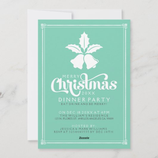 ホワイトとミントのクリスマスベルとテキストデザイン シーズンカード (裏面)