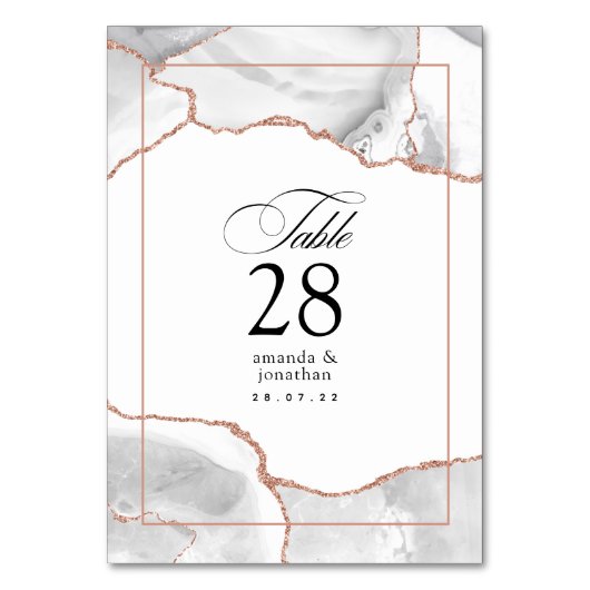 ホワイトとローズゴールドのアゲートの結婚式 テーブルナンバー (正面)
