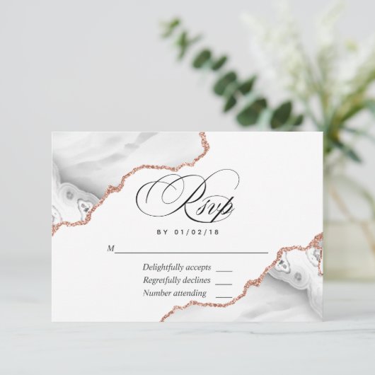 ホワイトとローズゴールドのアゲート結婚式出欠カード 出欠カード (スタンド正面)