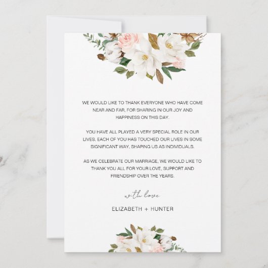 ホワイトと赤面ピンクマグノリアフローラ結婚ズ サンキューカード (裏面)