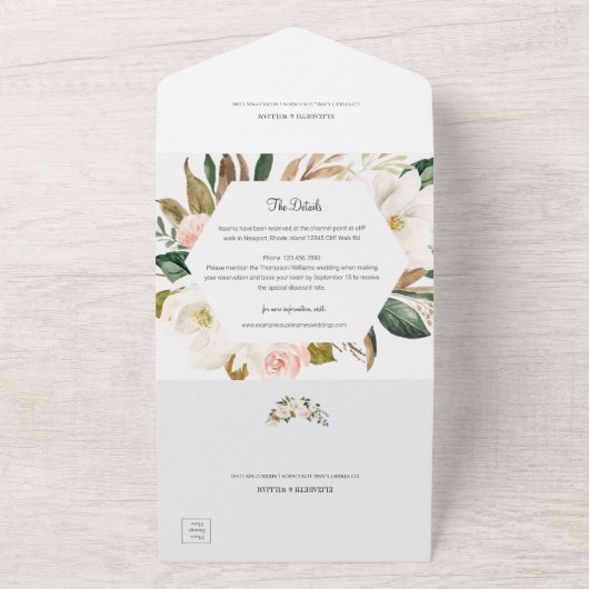 ホワイトと赤面ピンクマグノリア結婚フローラの写真 オールインワン招待状 (外側)