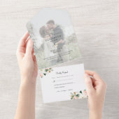 ホワイトと赤面ピンクマグノリア結婚フローラの写真 オールインワン招待状 (貼ってはがせる)