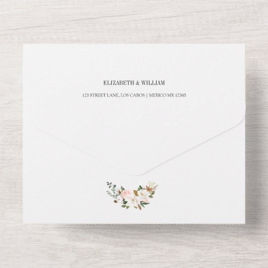 ホワイトと赤面ピンクマグノリア結婚フローラの写真 オールインワン招待状 (裏面)