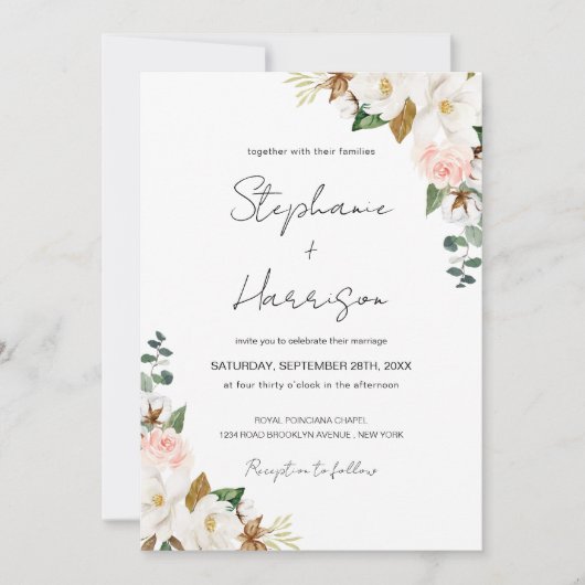 ホワイトと赤面ピンクマグノリア結婚フローラの写真 招待状 (正面)