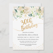 ホワイトと金ゴールドの30歳の誕生日フローラパーティー 招待状 (正面)