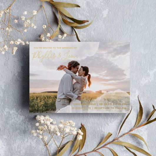 ホワイトと金ゴールドウォーターカラー非公式フォト結婚ズ 箔招待状