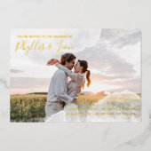 ホワイトと金ゴールドウォーターカラー非公式フォト結婚ズ 箔招待状 (正面)