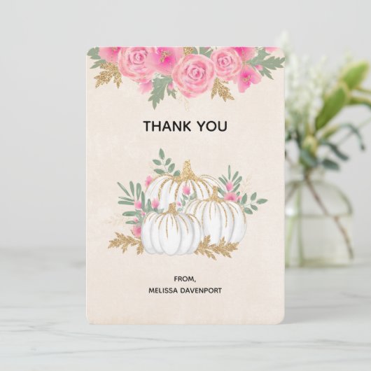 ホワイトと金ゴールドカボチャの水彩ありがとう サンキューカード (スタンド正面)