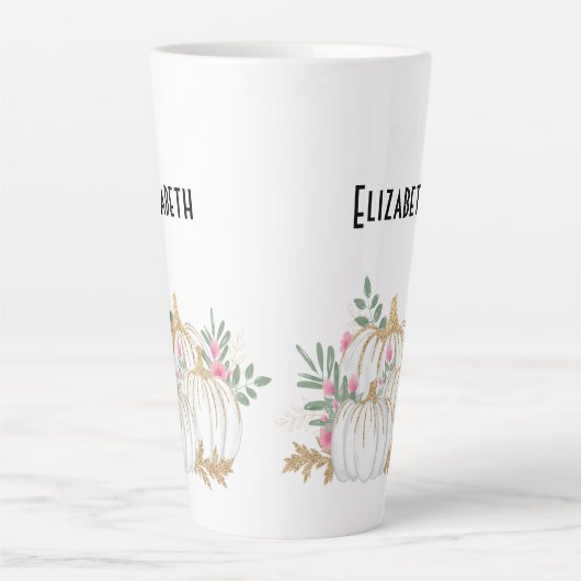 ホワイトと金ゴールドカボチャの水色 カフェラテマグ (正面)