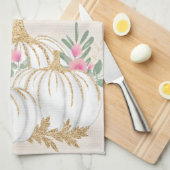 ホワイトと金ゴールドカボチャの水色 キッチンタオル (四つ折り)