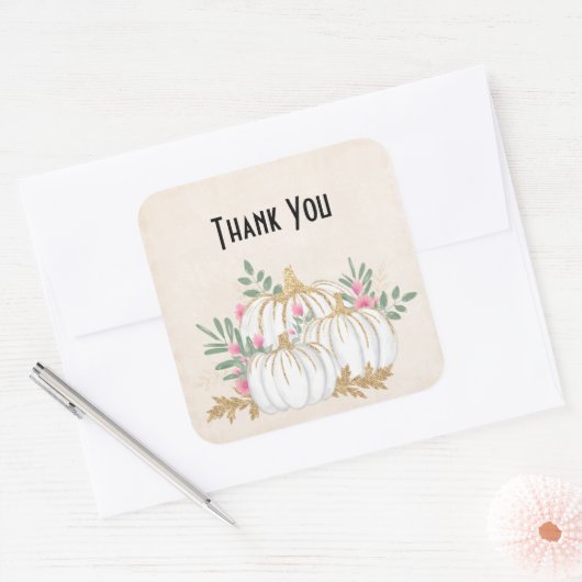 ホワイトと金ゴールドカボチャの水色 スクエアシール (封筒)