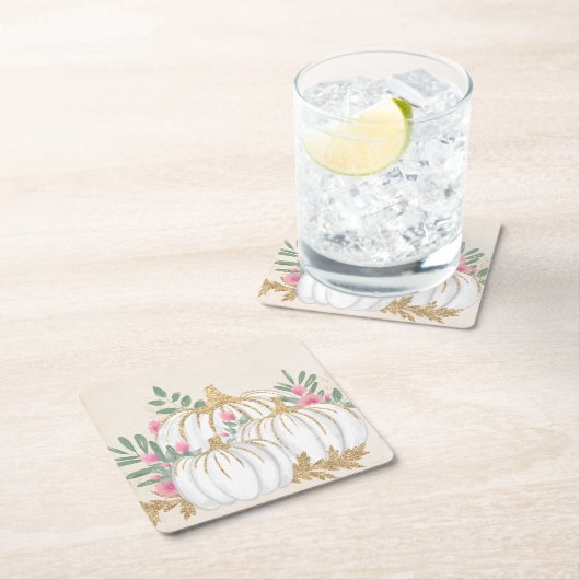 ホワイトと金ゴールドカボチャの水色 スクエアペーパーコースター (インサイチュ)