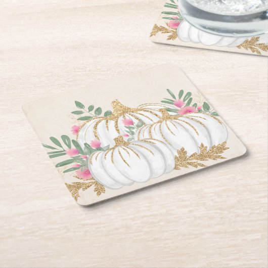 ホワイトと金ゴールドカボチャの水色 スクエアペーパーコースター (アングル)