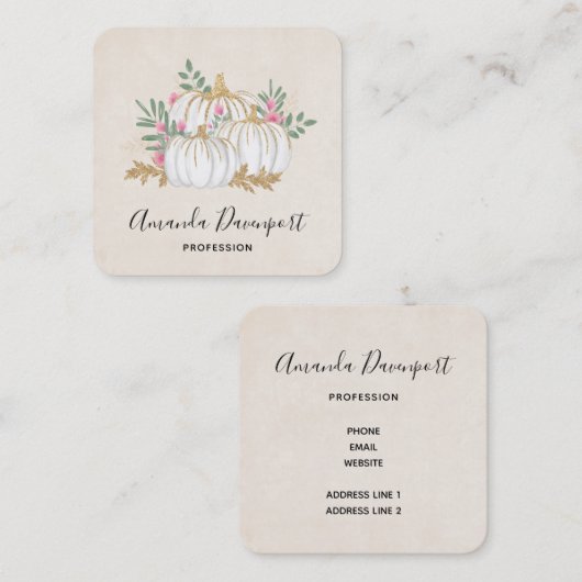 ホワイトと金ゴールドカボチャの水色 スクエア名刺 (正面/裏面)
