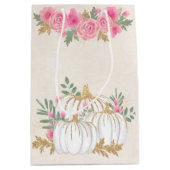 ホワイトと金ゴールドカボチャの水色 ミディアムペーパーバッグ (正面)