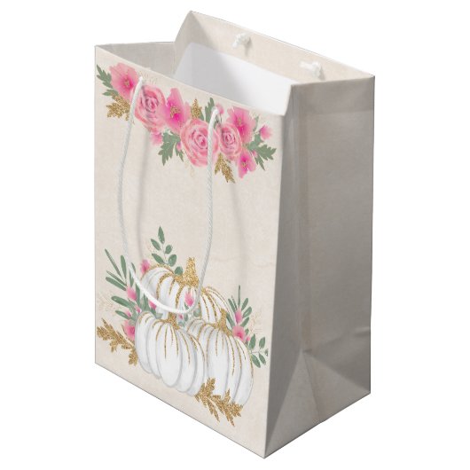 ホワイトと金ゴールドカボチャの水色 ミディアムペーパーバッグ (正面アングル)