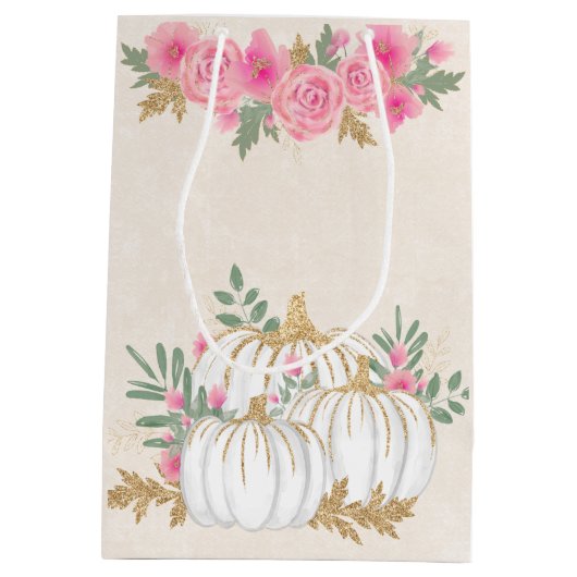 ホワイトと金ゴールドカボチャの水色 ミディアムペーパーバッグ (裏面)