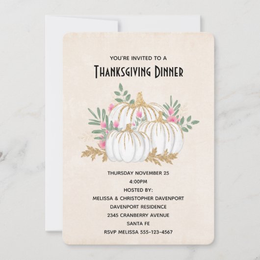 ホワイトと金ゴールドカボチャ水の色感謝祭 招待状 (正面)