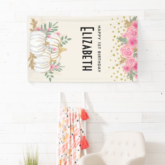 ホワイトと金ゴールドカボチャ水カラー誕生日 横断幕 (インサイチュ)