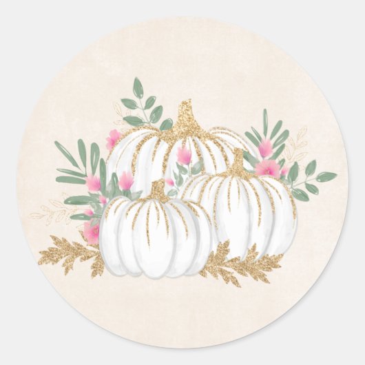 ホワイトと金ゴールドカボチャ水彩正方形ステッカー ラウンドシール (正面)
